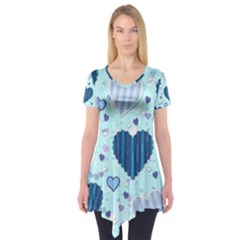 Light And Dark Blue Hearts Short Sleeve Tunic  by LovelyDesigns4U