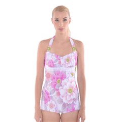 Cute Pink Flower Pattern  Boyleg Halter Swimsuit  by Brittlevirginclothing