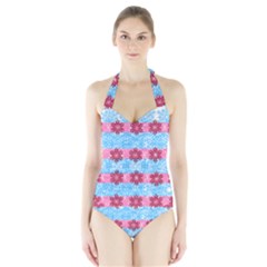 Pink Snowflakes Pattern Halter Swimsuit by Brittlevirginclothing