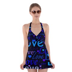 Blue Love Pattern Halter Swimsuit Dress by Valentinaart