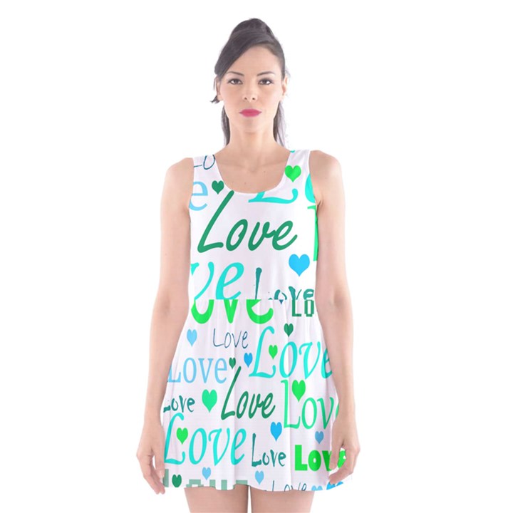 Love pattern - green and blue Scoop Neck Skater Dress