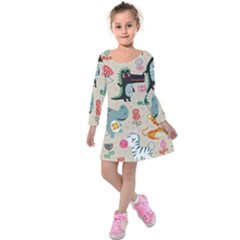 Cute Cartoon Animals Kids  Long Sleeve Velvet Dress by Brittlevirginclothing