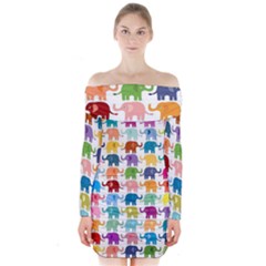 Colorful Small Elephants Long Sleeve Off Shoulder Dress by Brittlevirginclothing