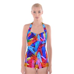 Clothespins Colorful Laundry Jam Pattern Boyleg Halter Swimsuit  by Nexatart