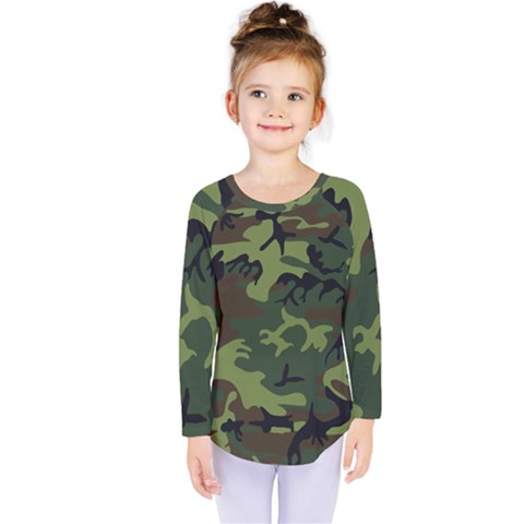 Camouflage Green Brown Black Kids  Long Sleeve Tee by Nexatart