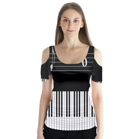 Piano Keyboard With Notes Vector Butterfly Sleeve Cutout Tee  by Nexatart