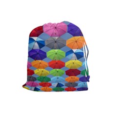 Color Umbrella Blue Sky Red Pink Grey And Green Folding Umbrella Painting Drawstring Pouches (large)  by Nexatart