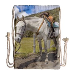 White Horse Tied Up At Cotopaxi National Park Ecuador Drawstring Bag (large) by dflcprints