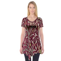 Crewel Fabric Tree Of Life Maroon Short Sleeve Tunic  by Amaryn4rt