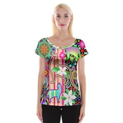 Mandalas, Cats And Flowers Fantasy Digital Patchwork Women s Cap Sleeve Top by BluedarkArt