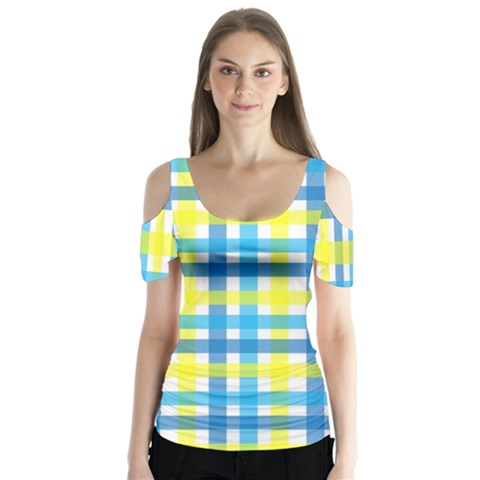 Gingham Plaid Yellow Aqua Blue Butterfly Sleeve Cutout Tee  by Simbadda