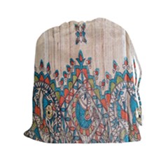 Blue Brown Cloth Design Drawstring Pouches (xxl) by Simbadda