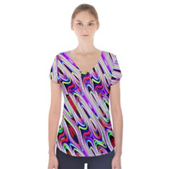 Multi Color Wave Abstract Pattern Short Sleeve Front Detail Top by Simbadda