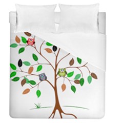 Tree Root Leaves Owls Green Brown Duvet Cover (queen Size) by Simbadda