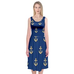 Gold Anchors On Blue Background Pattern Midi Sleeveless Dress by Simbadda