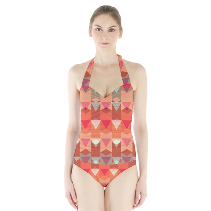 Multicolor Geometric Design  Halter Swimsuit