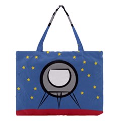 A Rocket Ship Sits On A Red Planet With Gold Stars In The Background Medium Tote Bag by Simbadda