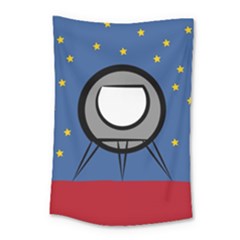 A Rocket Ship Sits On A Red Planet With Gold Stars In The Background Small Tapestry by Simbadda