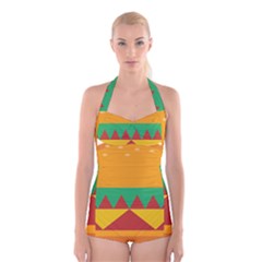 Burger Bread Food Cheese Vegetable Boyleg Halter Swimsuit  by Simbadda