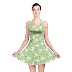 Green Happy Hippo With Friendly Bird Pattern Reversible Skater Dress by CoolDesigns