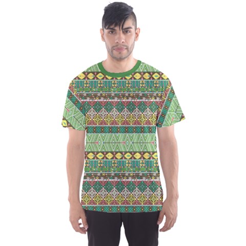 Green Tribal Aztec Pattern With Birds And Flowers Men s Sport Mesh Tee by CoolDesigns