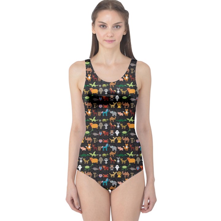 Black Set Of Funny Cartoon Animals Character On Black Zoo Women s One Piece Swimsuit