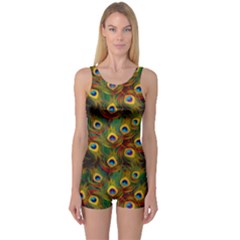 Green Pattern Peacock Feathers Boyleg One Piece Swimsuit by CoolDesigns