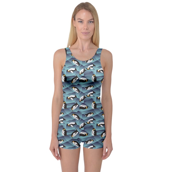 Blue Penguin Pattern Abstract Penguin Crystal Ice Women s One Piece Swimsuit