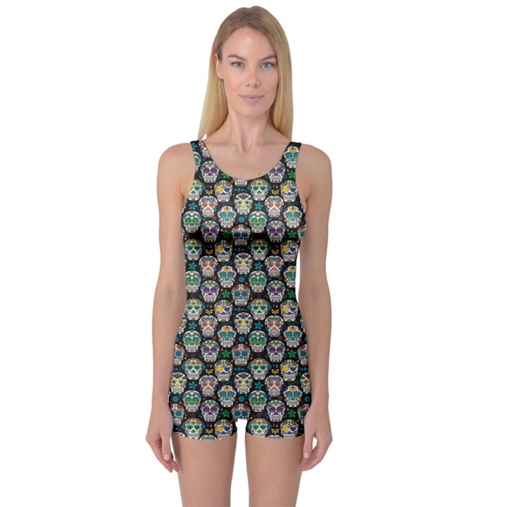 Black Day of the Dead Sugar Skull Women s One Piece Swimsuit