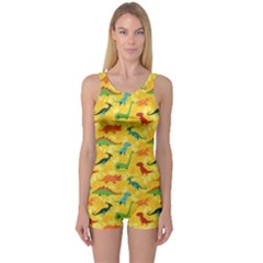 Yellow Cartoon Dinosaur Pattern Boyleg One Piece Swimsuit by CoolDesigns