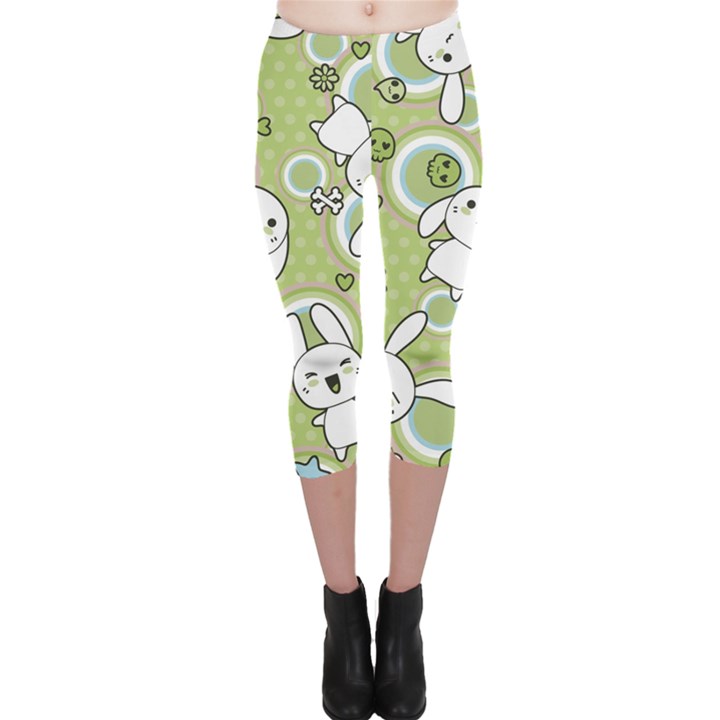 Green Pattern with Doodle Kawaii Capri Leggings