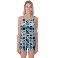 Blue Black Radio Cd Player Music Pattern Women s One Piece Swimsuit by CoolDesigns