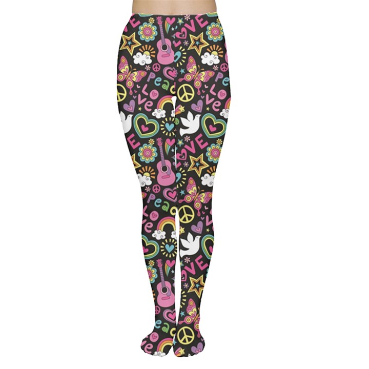 Colorful Peace Love and Music Pattern Groovy Notebook Doodle Women s Tights