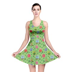 Green Pattern With Colorful Ornamental Owls On A Light Reversible Skater Dress by CoolDesigns