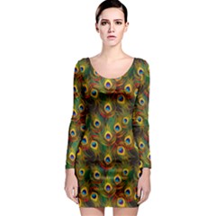 Green Pattern Peacock Feathers Long Sleeve Bodycon Dress by CoolDesigns