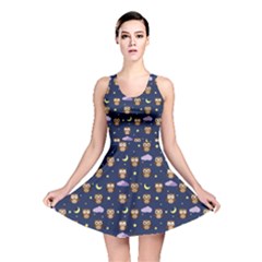 Blue Owls At Night With Stars Clouds And Moon Pattern Reversible Skater Dress by CoolDesigns