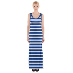 Horizontal Stripes Dark Blue Maxi Thigh Split Dress by Mariart