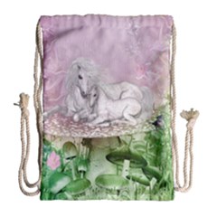 Wonderful Unicorn With Foal On A Mushroom Drawstring Bag (large) by FantasyWorld7