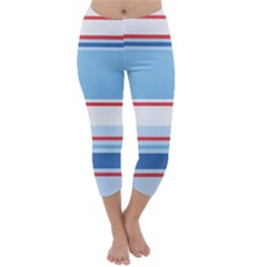 Navy Blue White Red Stripe Blue Finely Striped Line Capri Winter Leggings  by Mariart