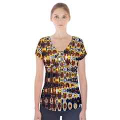 Bright Yellow And Black Abstract Short Sleeve Front Detail Top by Nexatart