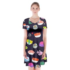 Japanese Food Sushi Fish Short Sleeve V-neck Flare Dress by Mariart