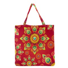 Red And Orange Floral Geometric Pattern Grocery Tote Bag by LovelyDesigns4U