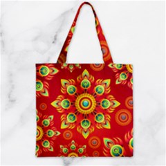 Red And Orange Floral Geometric Pattern Zipper Grocery Tote Bag by LovelyDesigns4U