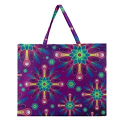 Purple And Green Floral Geometric Pattern Zipper Large Tote Bag by LovelyDesigns4U