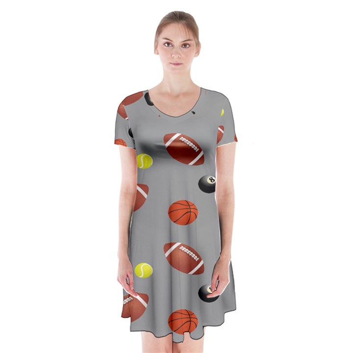 Balltiled Grey Ball Tennis Football Basketball Billiards Short Sleeve V-neck Flare Dress