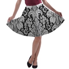 Flower Floral Grey Black Leaf A-line Skater Skirt by Mariart