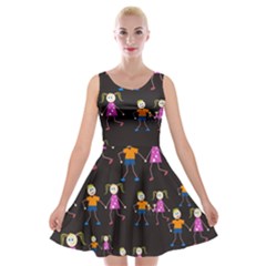 Kids Tile A Fun Cartoon Happy Kids Tiling Pattern Velvet Skater Dress by Nexatart