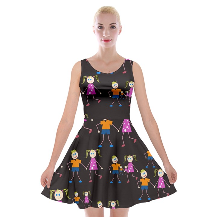 Kids Tile A Fun Cartoon Happy Kids Tiling Pattern Velvet Skater Dress