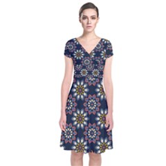 Floral Flower Star Blue Short Sleeve Front Wrap Dress by Mariart