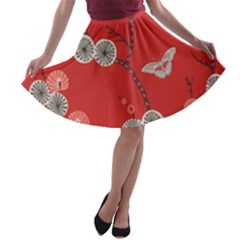 Dandelions Red Butterfly Flower Floral A-line Skater Skirt by Mariart